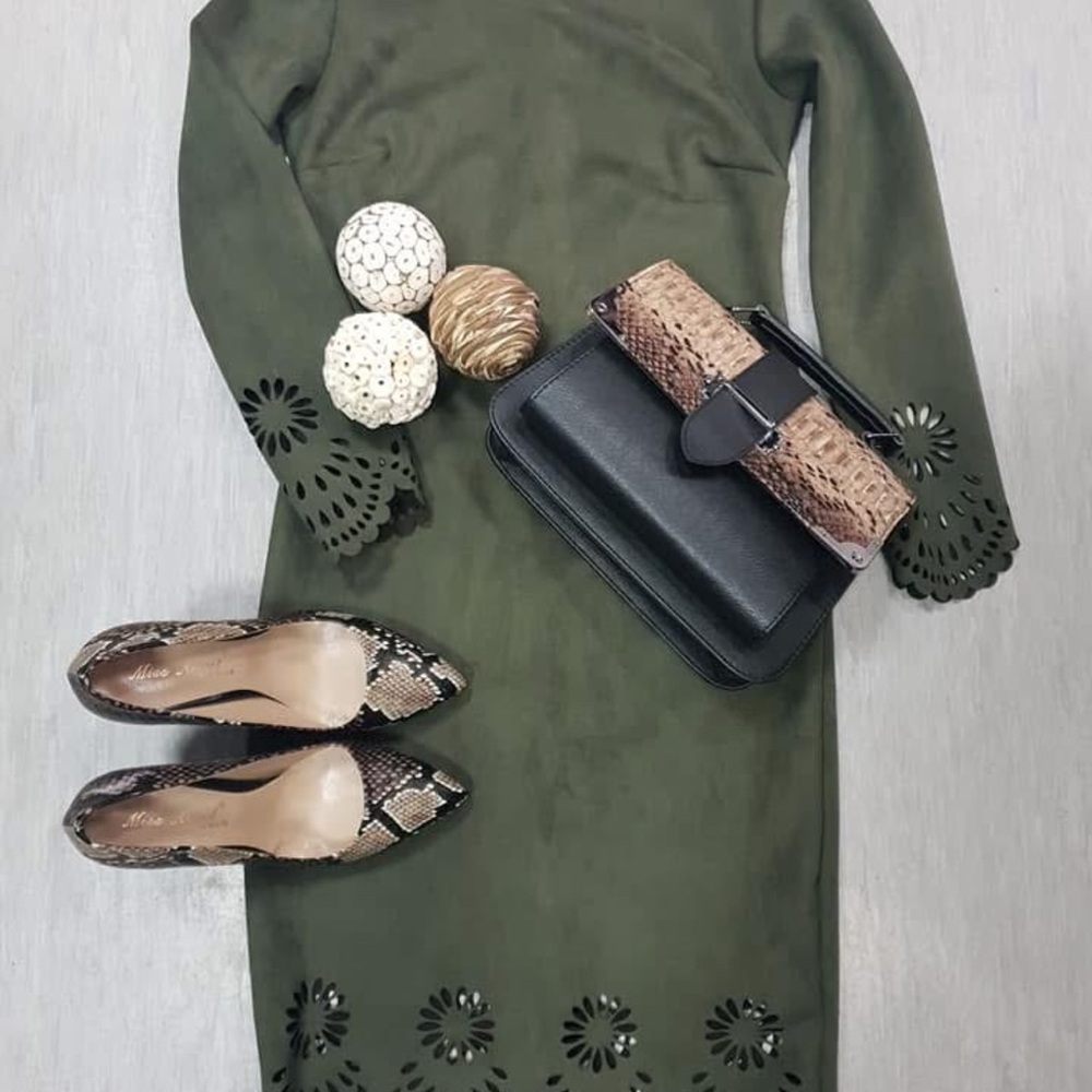 Elegant Olive Green Dress with Laser-Cut Details